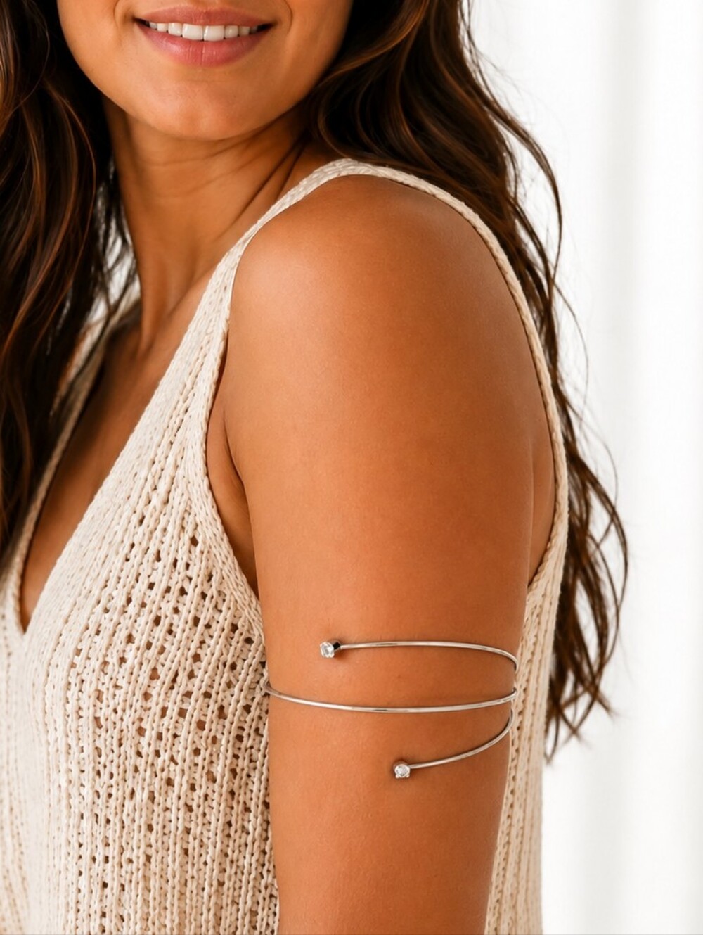💎 Silver Tone Spiral Upper Arm Cuff Bracelet Rhinestone Tips Boho Y2K Jewelry